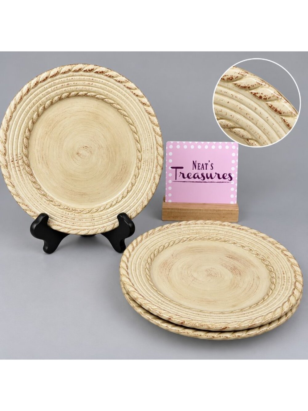 Roscher BELLINI CREAM Embossed Rope Ring Earthenware Lunch Salad Plates Set 3